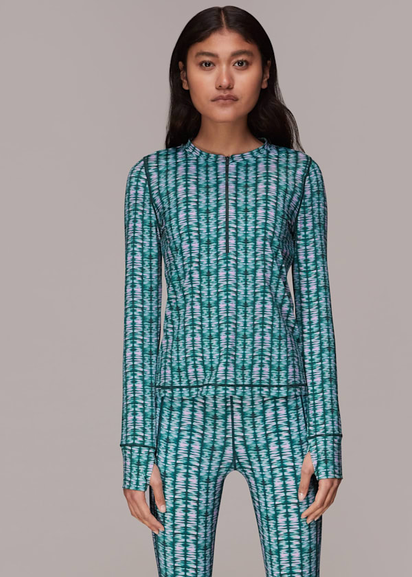 Multicolour Abstract Wave Zip Sports Top